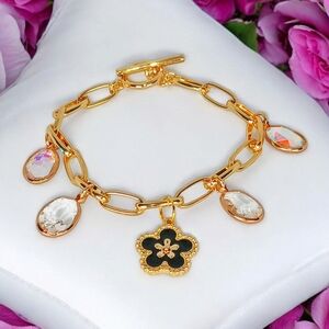 Sparkling Gold Charm Bracelet Paper Clip Chain Irridescent Charms Coquette Girl